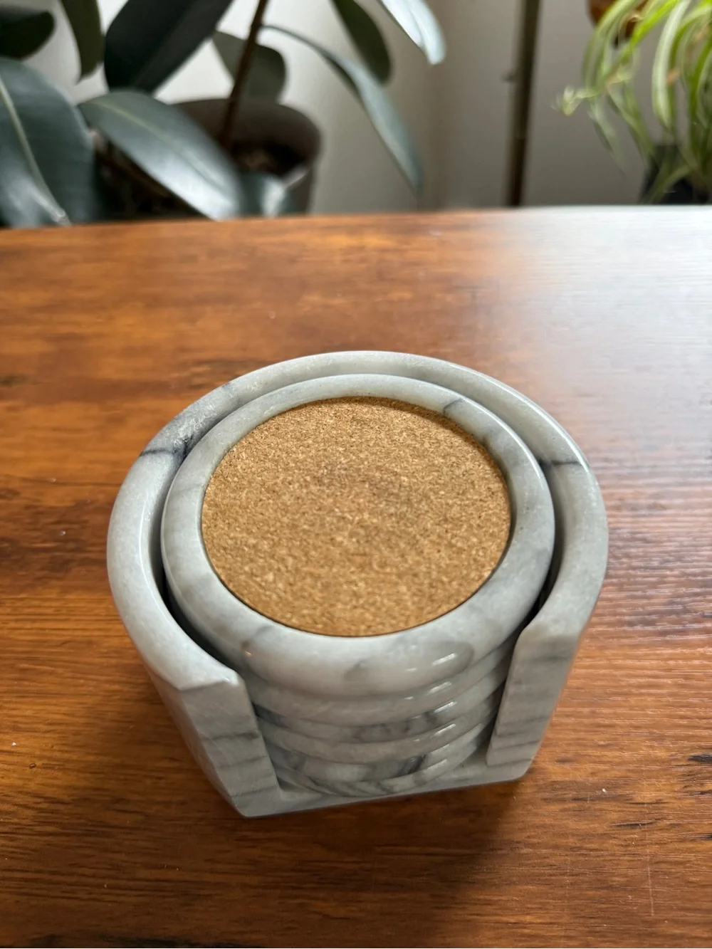 Marble Round Coaster Set with Holder - Gray Marble